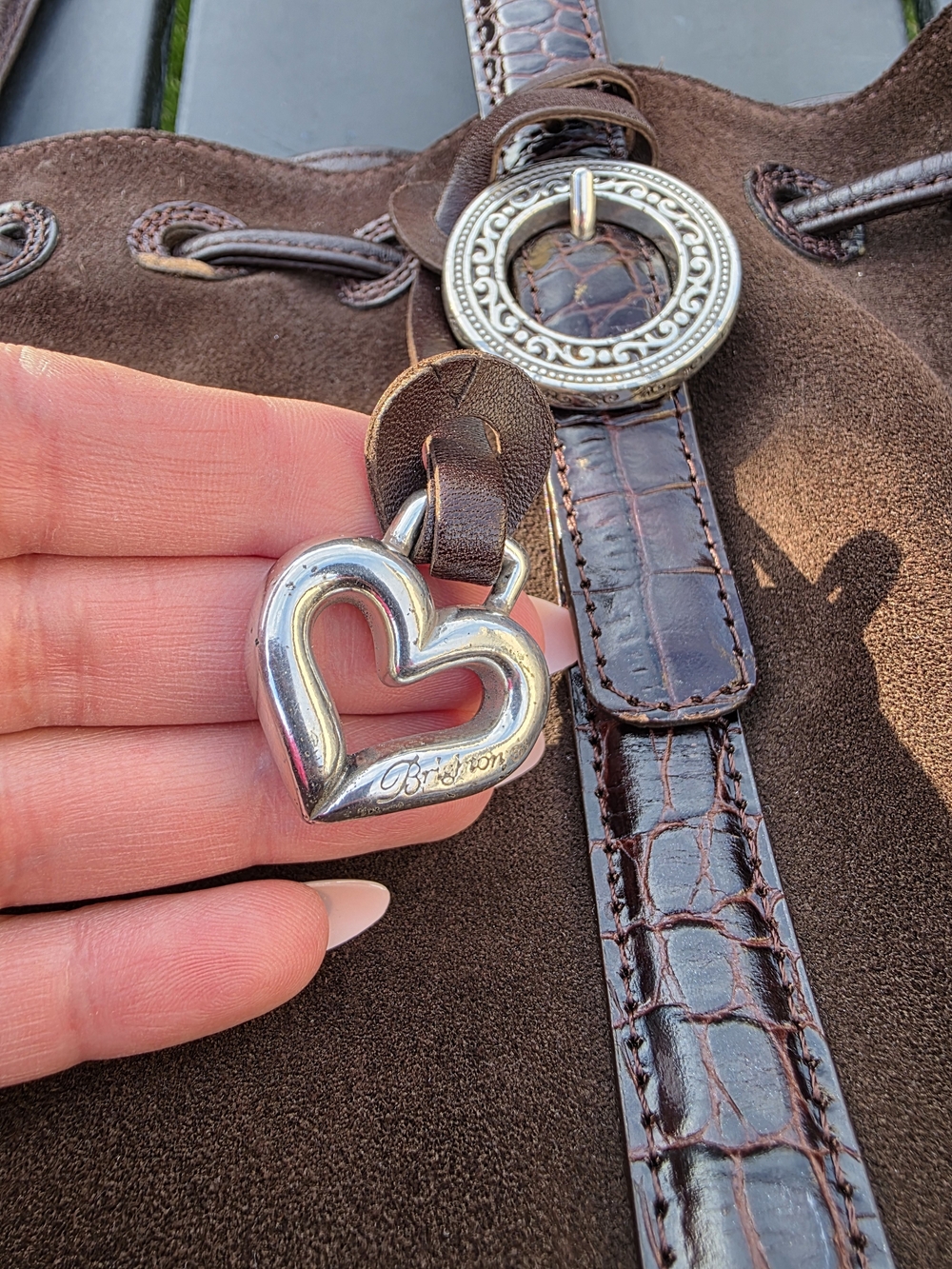 Brighton Brown Suede Shoulder Bag Croc Trim Silver Heart Charm Drawstring GUC - Picture 2 of 8